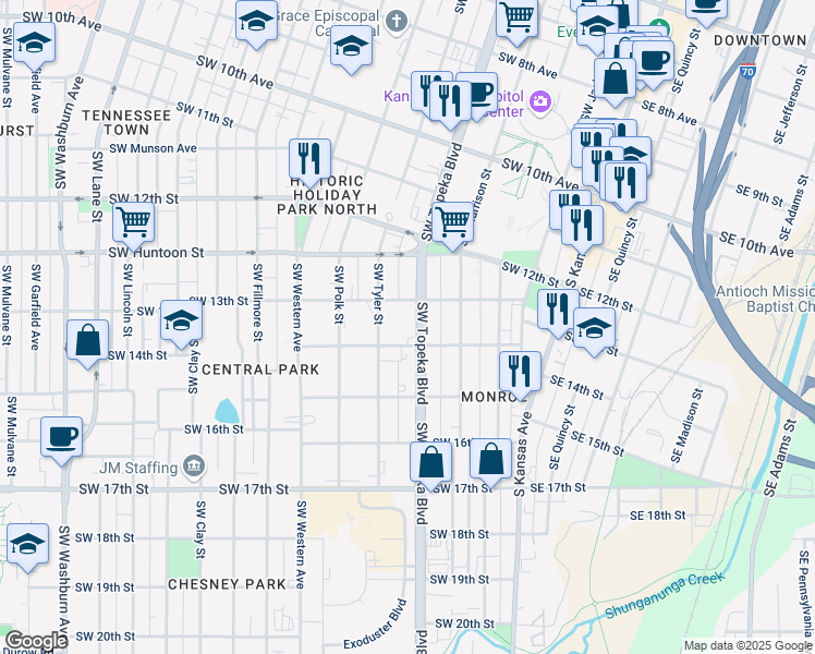 map of restaurants, bars, coffee shops, grocery stores, and more near 1321 Southwest Topeka Boulevard in Topeka