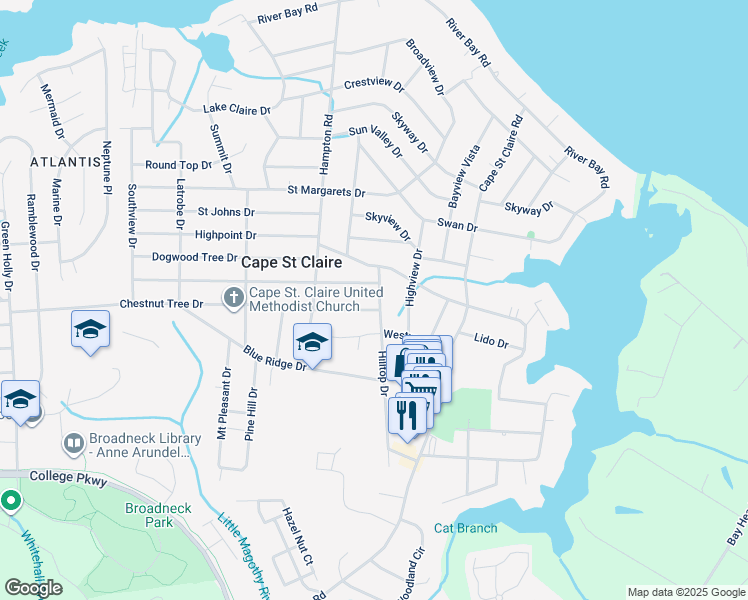 map of restaurants, bars, coffee shops, grocery stores, and more near 1208 Hilltop Drive in Annapolis