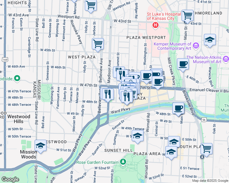 map of restaurants, bars, coffee shops, grocery stores, and more near in Kansas City