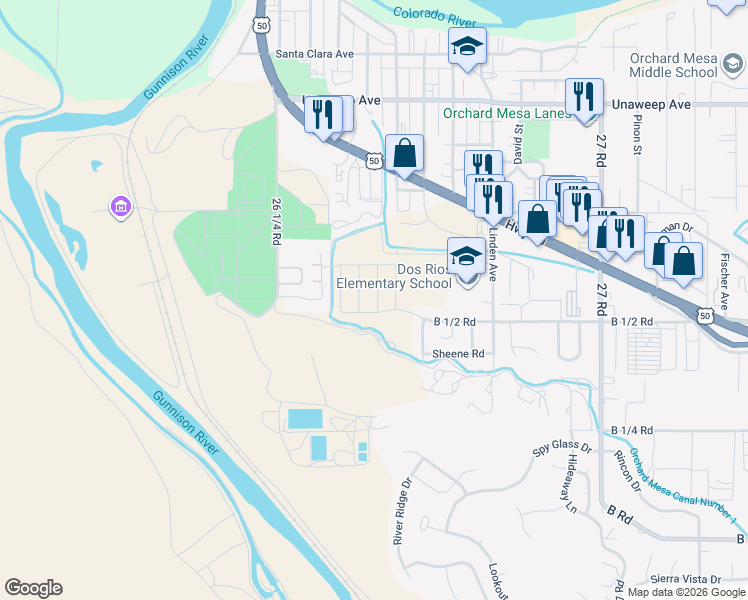 map of restaurants, bars, coffee shops, grocery stores, and more near 266 Gettysburg Street in Grand Junction