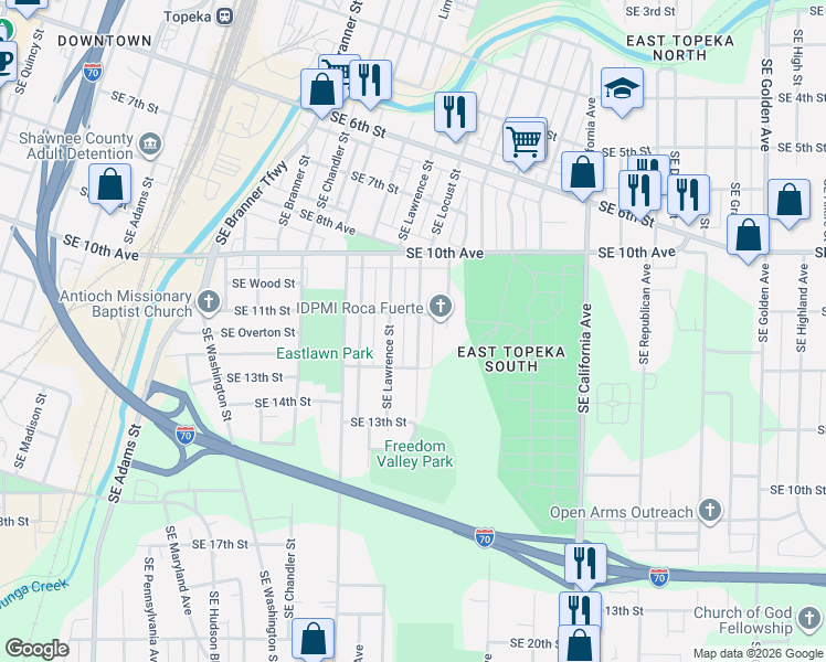 map of restaurants, bars, coffee shops, grocery stores, and more near 1108 SE Lawrence St in Topeka