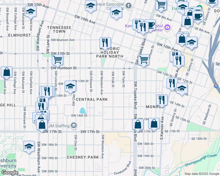 map of restaurants, bars, coffee shops, grocery stores, and more near 1317 Southwest Polk Street in Topeka