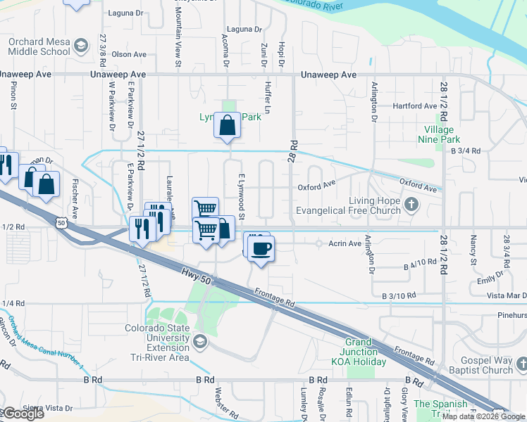 map of restaurants, bars, coffee shops, grocery stores, and more near 252 Gloucester Circle West in Grand Junction