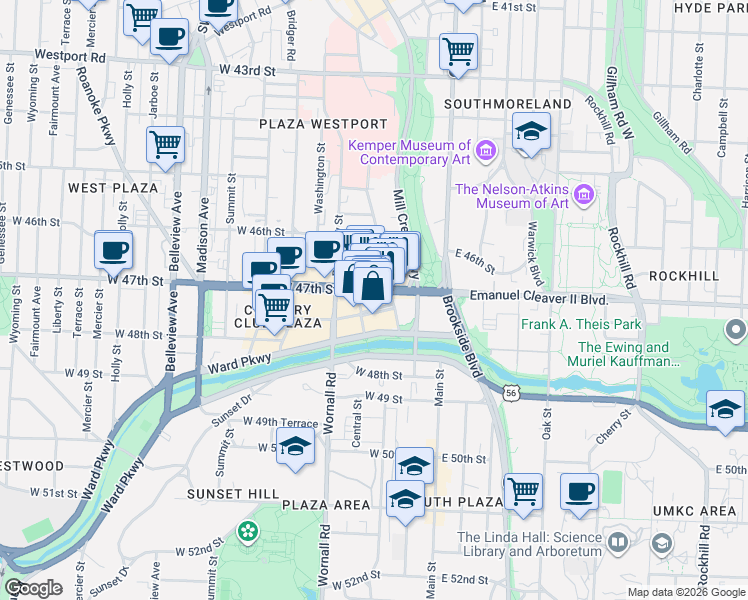 map of restaurants, bars, coffee shops, grocery stores, and more near 4702 Wyandotte Street in Kansas City