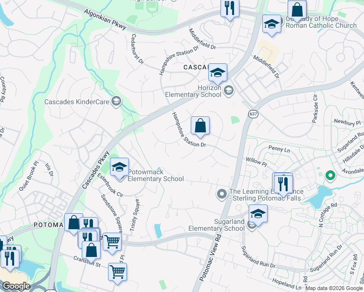 map of restaurants, bars, coffee shops, grocery stores, and more near 46489 Montgomery Place in Sterling