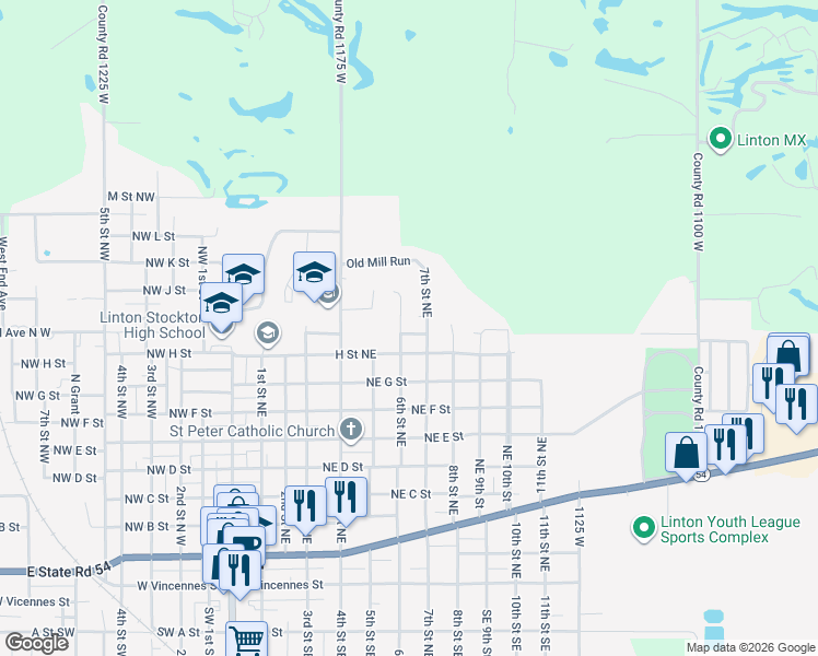 map of restaurants, bars, coffee shops, grocery stores, and more near 839 6th Street Northeast in Linton