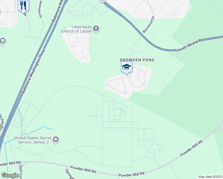 map of restaurants, bars, coffee shops, grocery stores, and more near 9836 Farm Pond Road in Laurel