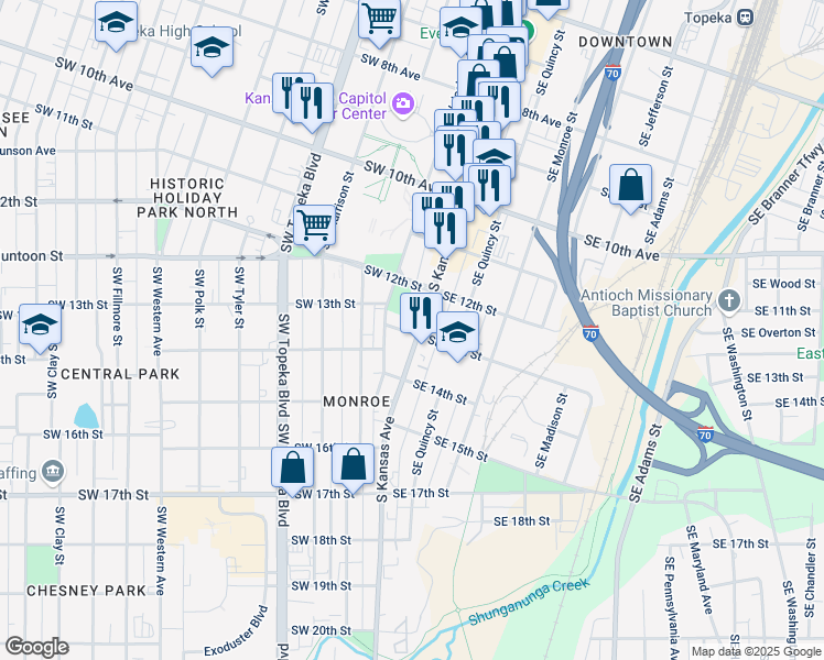 map of restaurants, bars, coffee shops, grocery stores, and more near 1235 South Kansas Avenue in Topeka