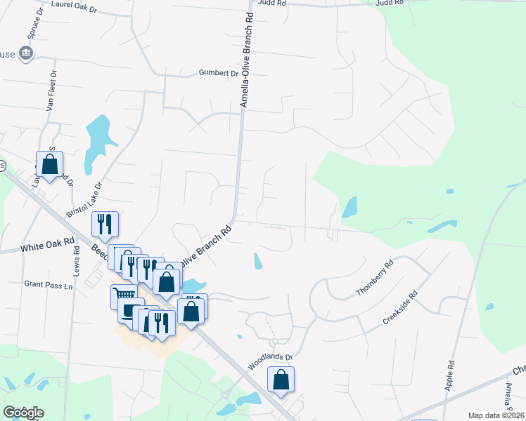 map of restaurants, bars, coffee shops, grocery stores, and more near 3722 Maplebrooke Lane in Amelia