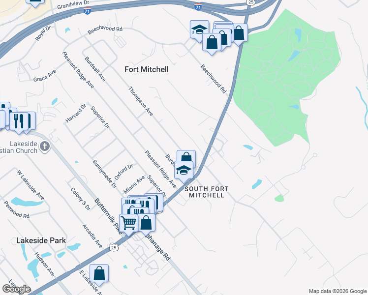 map of restaurants, bars, coffee shops, grocery stores, and more near 22 Thompson Avenue in Fort Mitchell