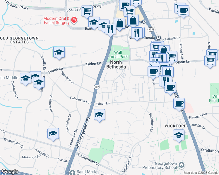 map of restaurants, bars, coffee shops, grocery stores, and more near 11315 Empire Lane in Rockville