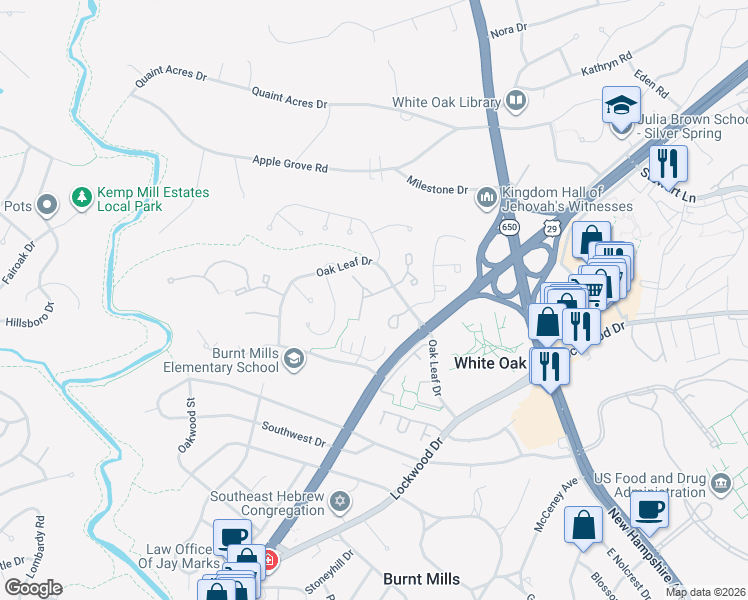 map of restaurants, bars, coffee shops, grocery stores, and more near 675 Concerto Lane in Silver Spring