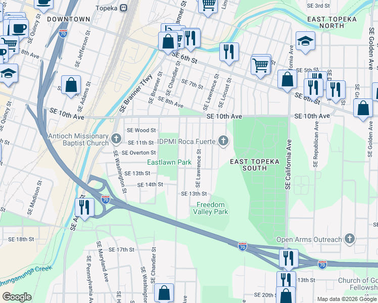 map of restaurants, bars, coffee shops, grocery stores, and more near 1112 SE Lime St in Topeka