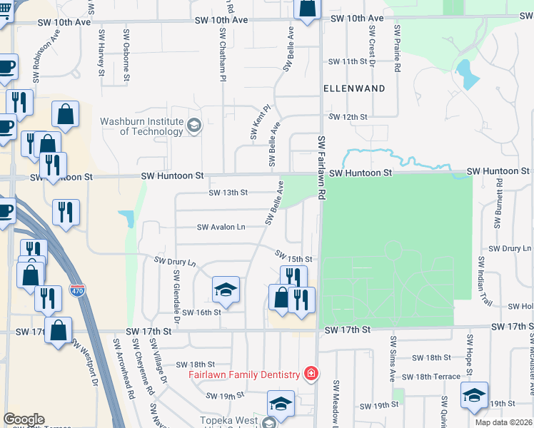 map of restaurants, bars, coffee shops, grocery stores, and more near 5401 Southwest 14th Street in Topeka