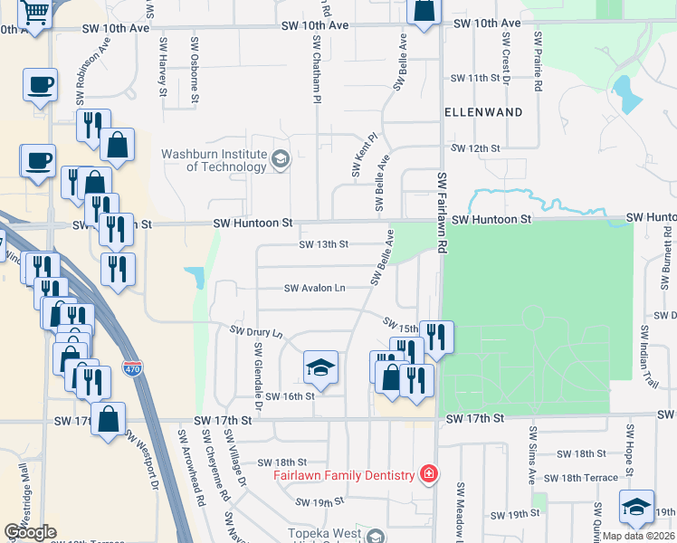 map of restaurants, bars, coffee shops, grocery stores, and more near 5507 Southwest 14th Street in Topeka