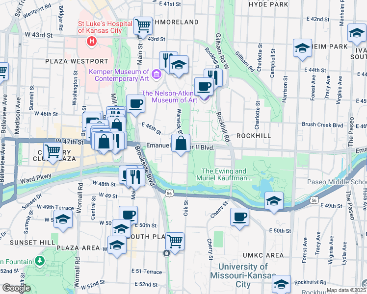 map of restaurants, bars, coffee shops, grocery stores, and more near 323 Cleaver II Boulevard in Kansas City