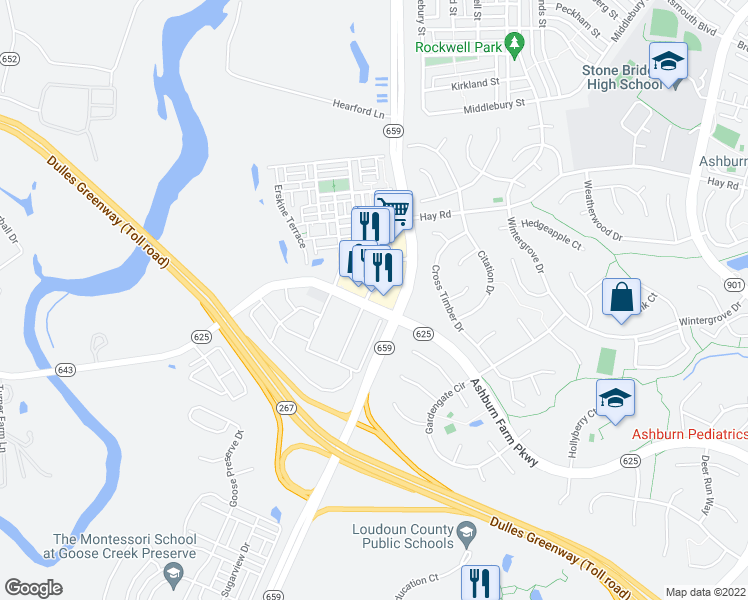 map of restaurants, bars, coffee shops, grocery stores, and more near 21030 Sycolin Road in Ashburn