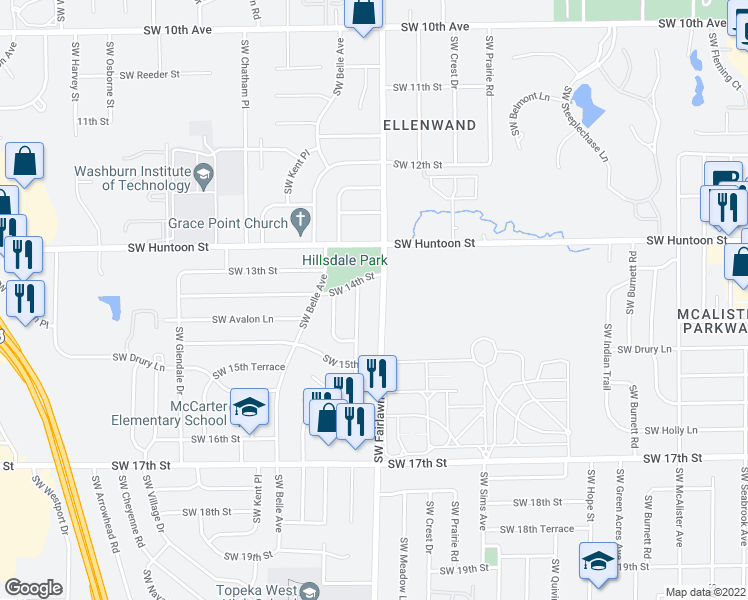 map of restaurants, bars, coffee shops, grocery stores, and more near 1409 Southwest Fairlawn Road in Topeka