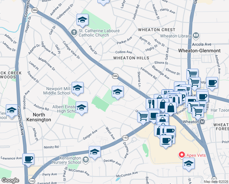 map of restaurants, bars, coffee shops, grocery stores, and more near 2887 Schoolhouse Circle in Silver Spring