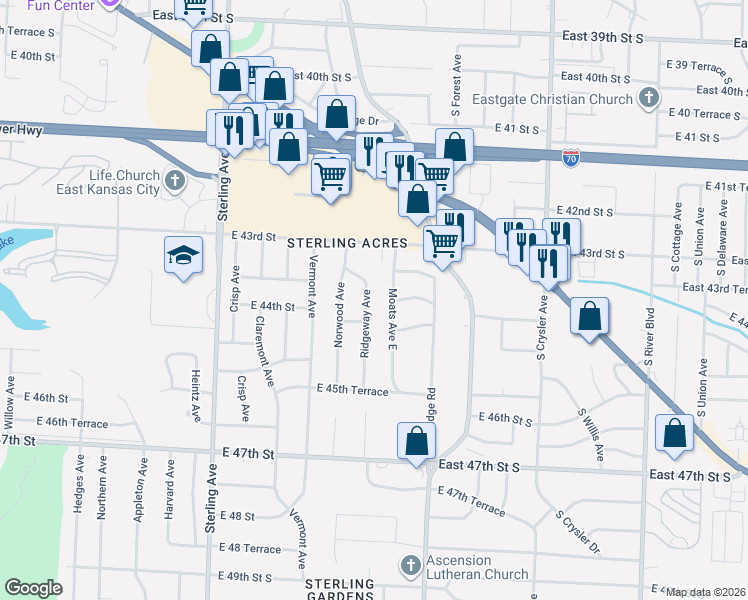 map of restaurants, bars, coffee shops, grocery stores, and more near 4343 Ridgeway Avenue in Kansas City