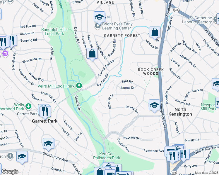 map of restaurants, bars, coffee shops, grocery stores, and more near 11315 Palisades Court in Kensington