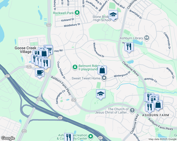 map of restaurants, bars, coffee shops, grocery stores, and more near 43120 Wintergrove Drive in Ashburn