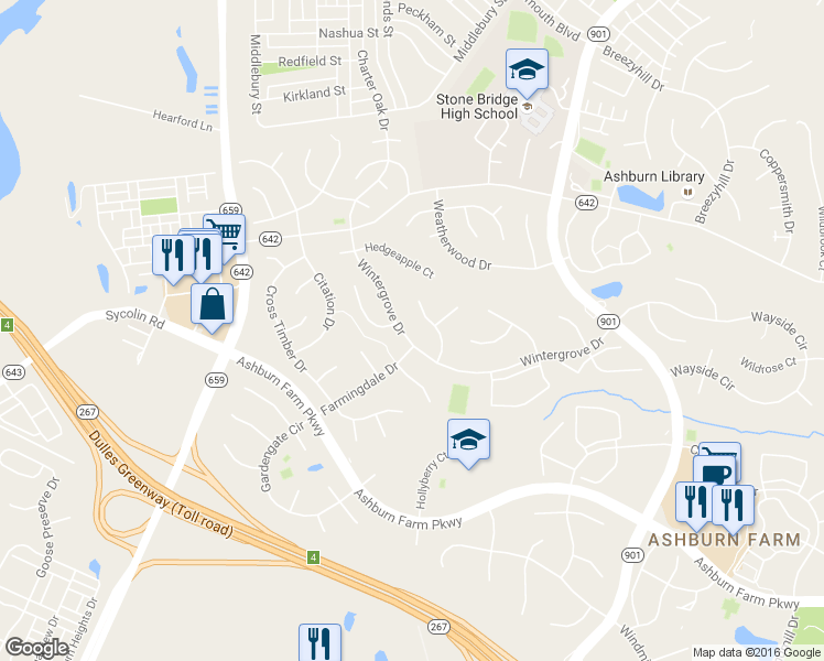 map of restaurants, bars, coffee shops, grocery stores, and more near 43120 Wintergrove Drive in Ashburn