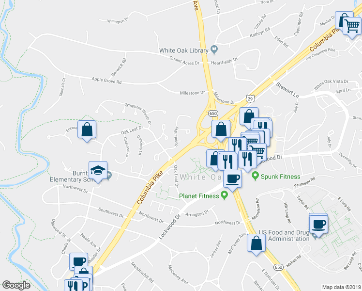 map of restaurants, bars, coffee shops, grocery stores, and more near 7 Sonata Court in Silver Spring