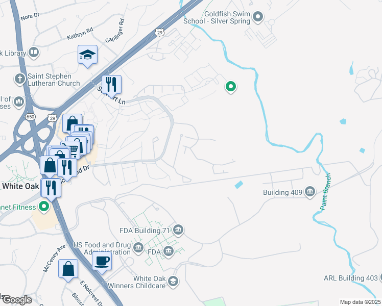 map of restaurants, bars, coffee shops, grocery stores, and more near 11309 Stewart Lane in Silver Spring