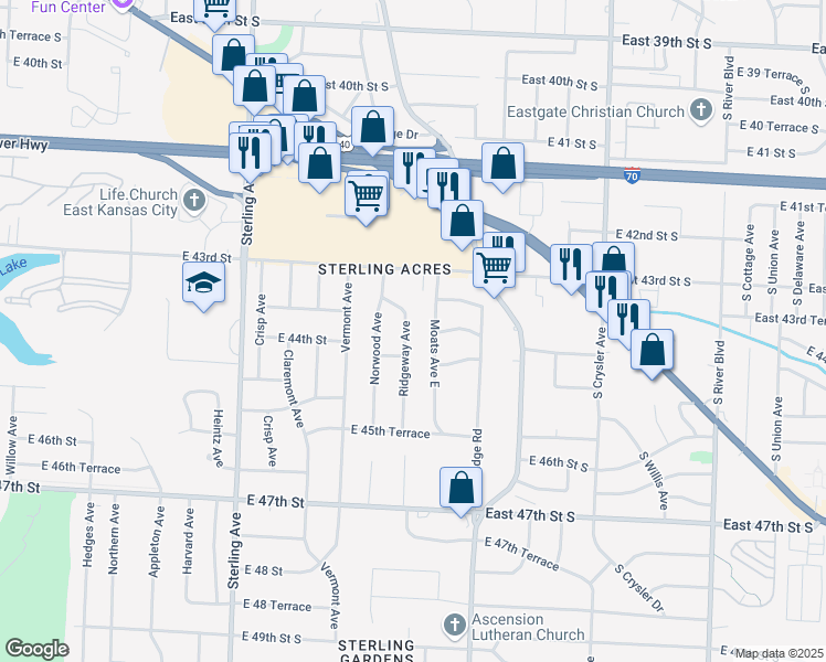 map of restaurants, bars, coffee shops, grocery stores, and more near 4343 Ridgeway Avenue in Kansas City