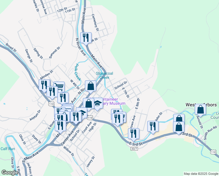 map of restaurants, bars, coffee shops, grocery stores, and more near 508 Center Avenue in Weston