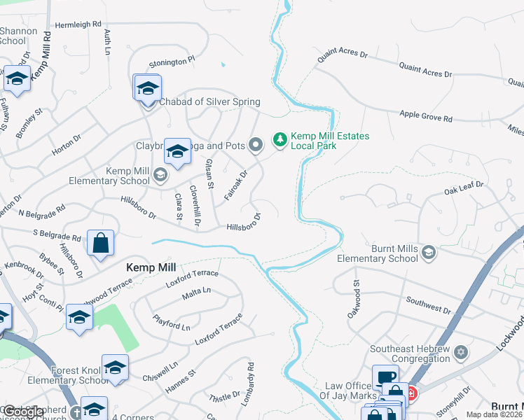map of restaurants, bars, coffee shops, grocery stores, and more near 202 Hillsboro Drive in Silver Spring