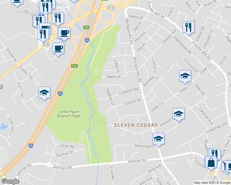 map of restaurants, bars, coffee shops, grocery stores, and more near 4006 Foreston Road in Beltsville