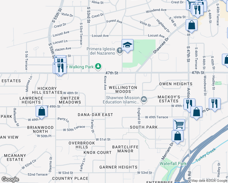 map of restaurants, bars, coffee shops, grocery stores, and more near 4759 Carter Street in Shawnee