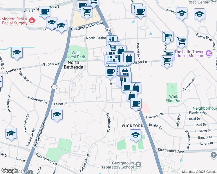 map of restaurants, bars, coffee shops, grocery stores, and more near 11355 Morning Gate Drive in Rockville