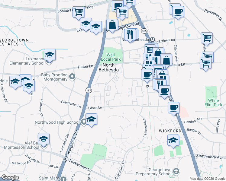 map of restaurants, bars, coffee shops, grocery stores, and more near 11319 Commonwealth Drive in Rockville