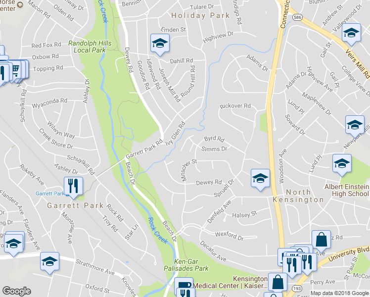 map of restaurants, bars, coffee shops, grocery stores, and more near 11317 Palisades Court in Kensington