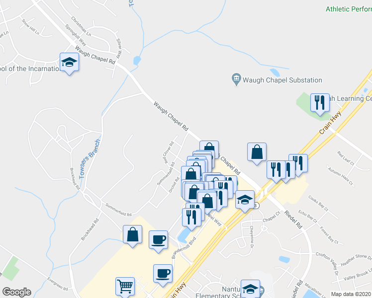 map of restaurants, bars, coffee shops, grocery stores, and more near 1214 Waugh Chapel Road in Gambrills