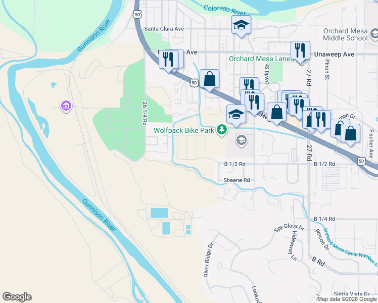 map of restaurants, bars, coffee shops, grocery stores, and more near 266 Gettysburg Street in Grand Junction