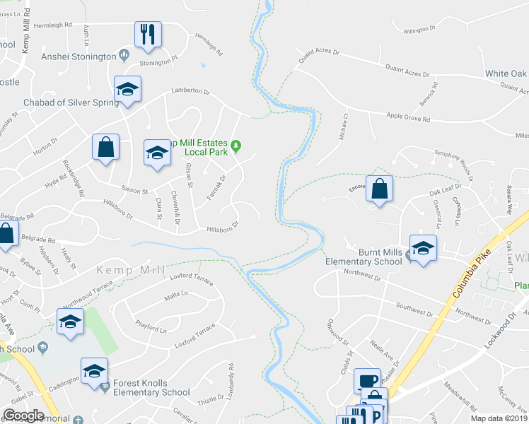 map of restaurants, bars, coffee shops, grocery stores, and more near 107 Bluff Terrace in Silver Spring