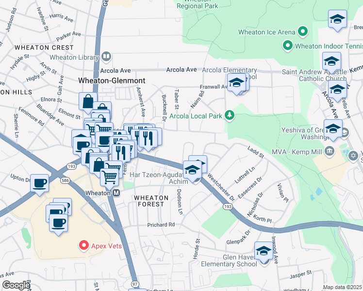 map of restaurants, bars, coffee shops, grocery stores, and more near 2031 Westchester Drive in Silver Spring