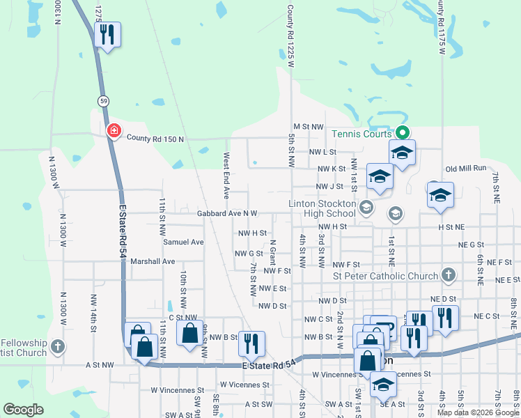 map of restaurants, bars, coffee shops, grocery stores, and more near 613 Glenburn Road in Linton