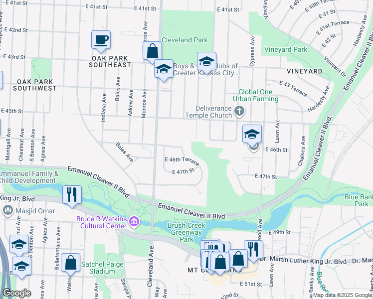 map of restaurants, bars, coffee shops, grocery stores, and more near 4601 Myrtle Avenue in Kansas City