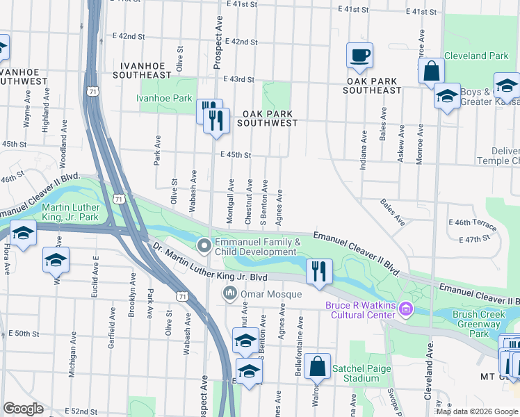 map of restaurants, bars, coffee shops, grocery stores, and more near 4617 South Benton Avenue in Kansas City