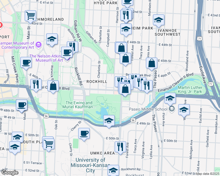 map of restaurants, bars, coffee shops, grocery stores, and more near 902 E Emanuel Cleaver II Boulevard in Kansas City