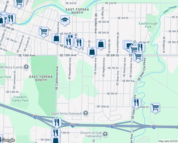 map of restaurants, bars, coffee shops, grocery stores, and more near 705 Southeast Golden Avenue in Topeka