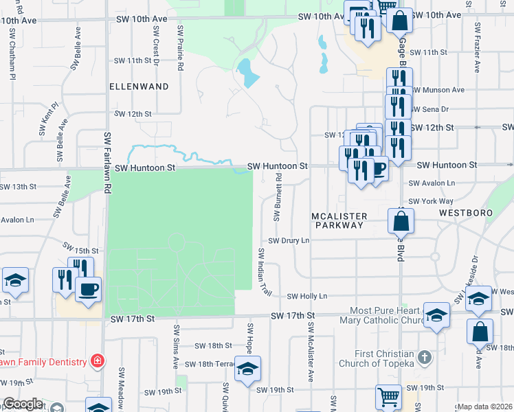 map of restaurants, bars, coffee shops, grocery stores, and more near 1349 Southwest Indian Trail in Topeka
