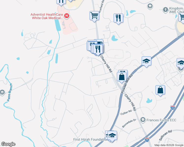 map of restaurants, bars, coffee shops, grocery stores, and more near 11358 Cherry Hill Road in Beltsville