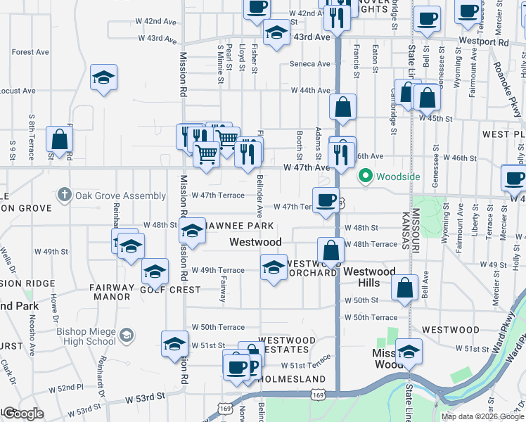map of restaurants, bars, coffee shops, grocery stores, and more near 2700 West 48th Street in Westwood