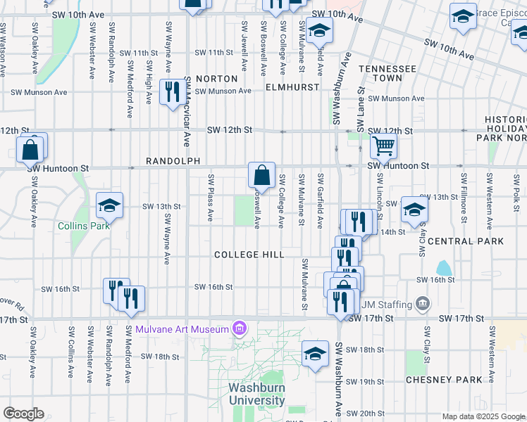 map of restaurants, bars, coffee shops, grocery stores, and more near 1320 Southwest Boswell Avenue in Topeka